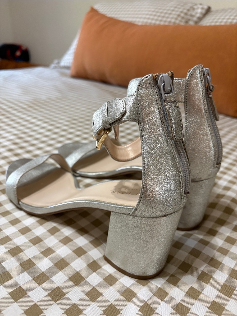 Cole Haan Metallic Silver Block Heel Sandals with Back Zip & Ankle Strap